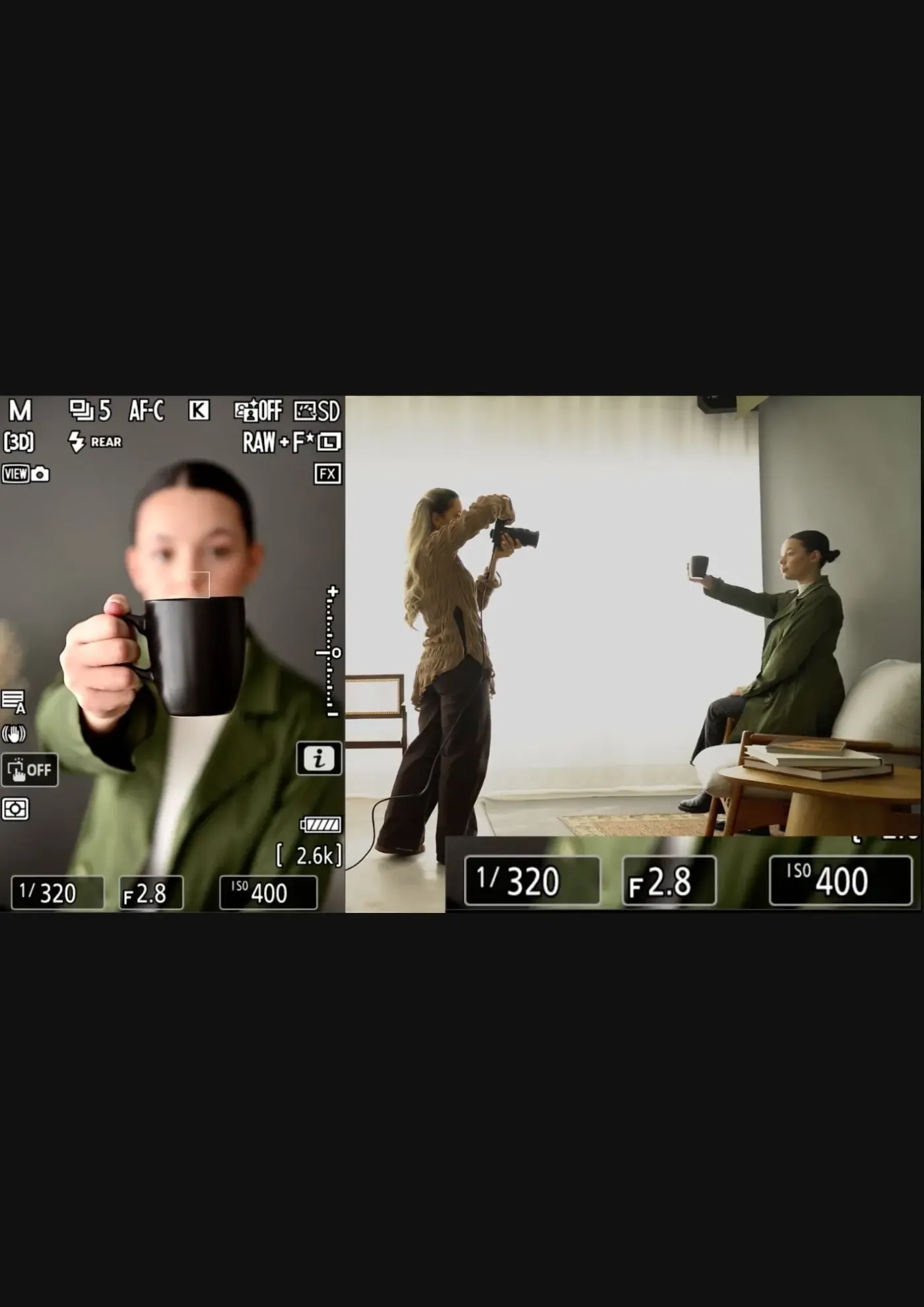 Configurações de câmera com ISO, abertura e velocidade em aula de fotografia.